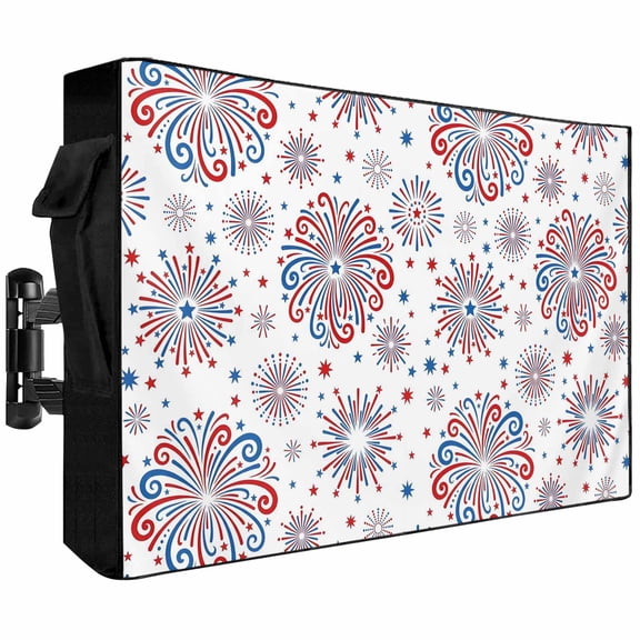 4th of July Outdoor TV Cover 48 to 50 Inch Weatherproof, Independent Day Red Blue Fireworks Textured 600D Oxford TV Covers with Zipper, Outside Flat TV Screen Protector Size 48"W x 30"H x 4.5"D