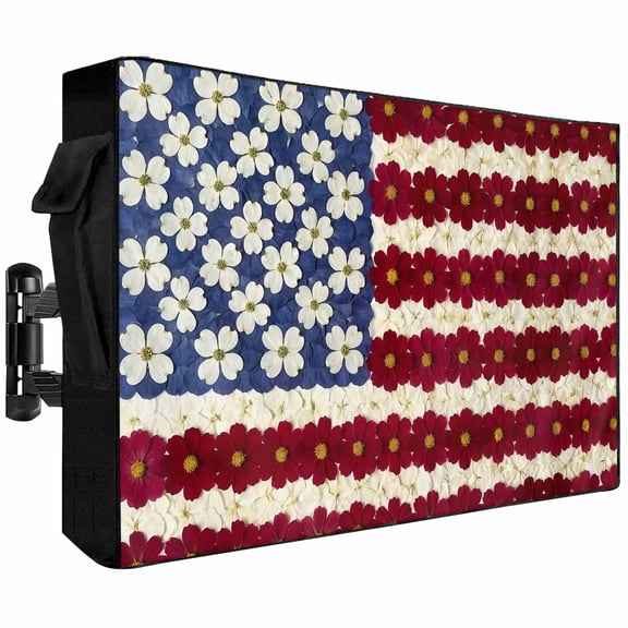 4th of July Outdoor TV Cover 48 to 50 Inch Weatherproof, Red Blue Floral Independence Day 600D Oxford TV Covers with Zipper, Outside Flat TV Screen Protector Size 48"W x 30"H x 4.5"D