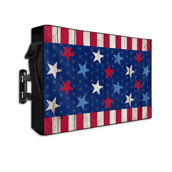 4th of July Outdoor TV Cover 48 to 50 Inch Weatherproof, Star Red Stripes Wood Independence Day 600D Oxford TV Covers with Waterproof Zipper, Outside Flat TV Screen Protector Size 48"W x 30"H x 4.5"D