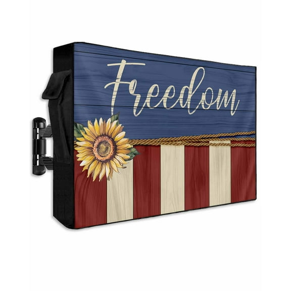 4th of July Outdoor TV Cover 48 to 50 Inch Weatherproof, Vintage Independence Day Sunflower 600D Oxford TV Covers with Waterproof Zipper, Outside Flat TV Screen Protector Size 48"W x 30"H x 4.5"D