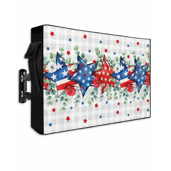 4th of July Outdoor TV Cover 52 to 55 Inch Weatherproof, Blue Red Stars Independence Day Gray Plaid 600D Oxford TV Covers with Waterproof Zipper, Outside Flat TV Screen Protector Size 52"Wx19"Hx4.5"D