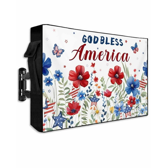 4th of July Outdoor TV Cover 52 to 55 Inch Weatherproof, Independence Day Blue Red Watercolor Flowers 600D Oxford TV Covers with Waterproof Zipper, Outside Flat TV Screen Protector 52"Wx19"Hx4.5"D