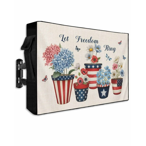 4th of July Outdoor TV Cover 52 to 55 Inch Weatherproof, Retro Independence Day Flowers Butterfly 600D Oxford TV Covers with Waterproof Zipper, Outside Flat TV Screen Protector Size 52"Wx19"Hx4.5"D
