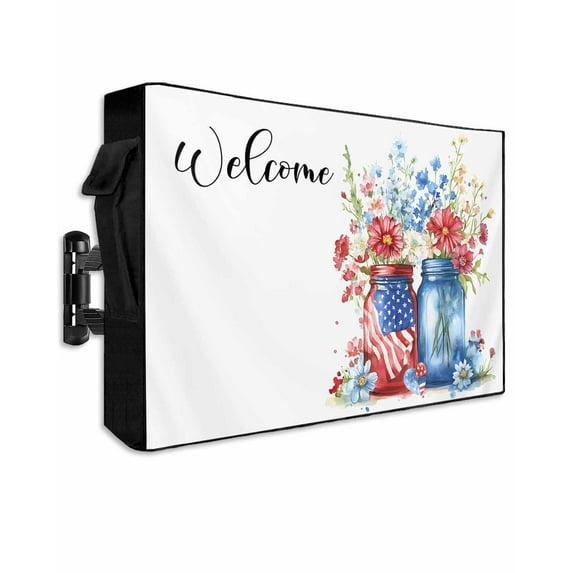 4th of July Outdoor TV Cover 60 to 65 Inch Weatherproof, Independence Day Spring Floral American Flag 600D Oxford TV Covers with Waterproof Zipper, Outside Flat TV Screen Protector 58"Wx37"Hx4.5"D