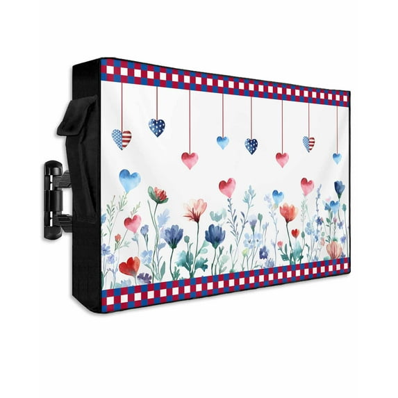 4th of July Outdoor TV Cover 60 to 65 Inch Weatherproof, Spring Floral Love Heart Independence Day 600D Oxford TV Covers with Waterproof Zipper, Outside Flat TV Screen Protector Size 58"Wx37"Hx4.5"D