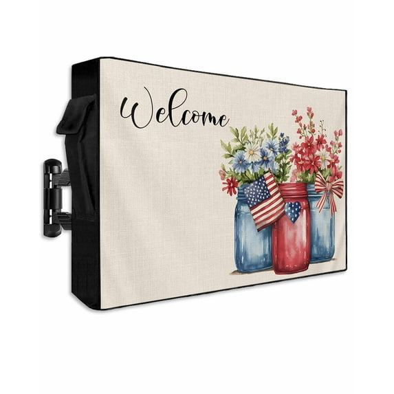 4th of July Outdoor TV Cover 70 to 75 Inch Waterproof, Spring Floral Red US Flag Rustic Independence Day 600D Oxford TV Covers with Zipper, Outside Flat TV Screen Protector 68"Wx42"Hx4.5"D