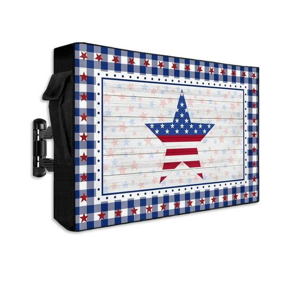 4th of July Outdoor TV Cover 70 to 75 Inch Weatherproof, American Flag Star on Wood Blue Checkered 600D Oxford TV Covers with Waterproof Zipper, Outside Flat TV Screen Protector Size 68"Wx42"Hx4.5"D