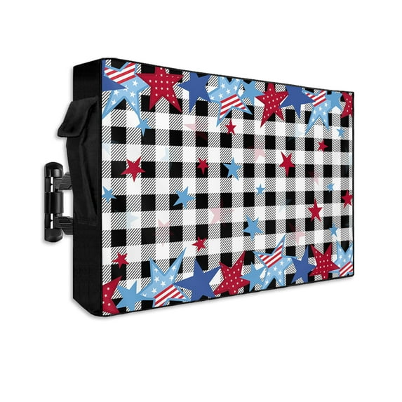 4th of July Outdoor TV Cover 70 to 75 Inch Weatherproof, Blue Red Star Independence Day Black Plaid 600D Oxford TV Covers with Waterproof Zipper, Outside Flat TV Screen Protector Size 68"Wx42"Hx4.5"D