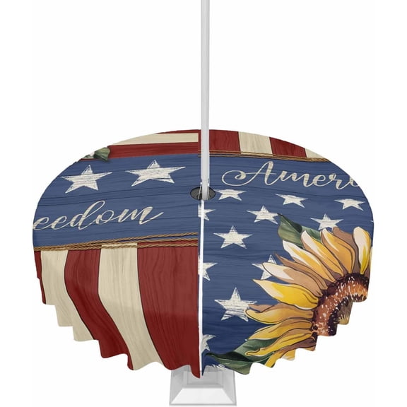 4th of July Outdoor Tablecloth with Umbrella Hole Round, Independence Day Sunflower Blue Red Waterproof Table Cloth Washable Wipeable Cover Spill Proof for Patio Spring Summer Picnic BBQ 60"