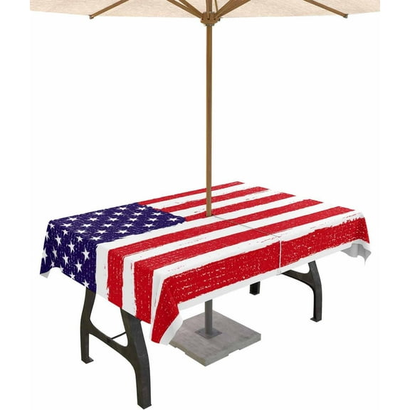 4th of July Outdoor Tablecloth with Umbrella Hole and Zipper American Flag Tablecloths 60x102 Waterproof Table Cloths Red Blue White Star Stripes Patio Table Cloth Cover for Independence Day Party