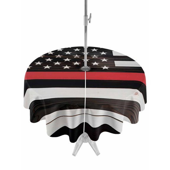 4th of July Outdoor Tablecloth with Umbrella Hole and Zipper American USA Flag Round Tablecloths 60 Inch Waterproof Red Lines Stripe Rustic Wood Firefighter Patio Table Cover for Party