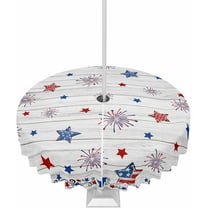 4th of July Outdoor Tablecloth with Umbrella Hole and Zipper Patriotic Stars Fireworks Round Tablecloths 60 Inch Table Cloths USA Flag Wood Grain Patio Table Cover for Independence Day Party