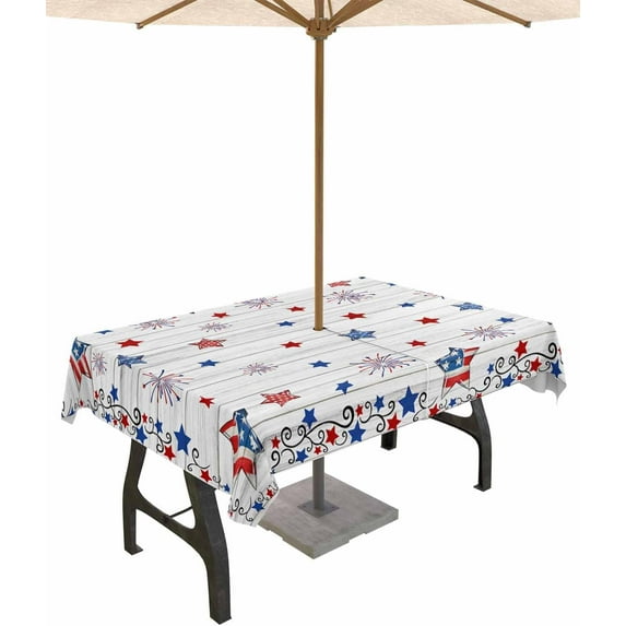 4th of July Outdoor Tablecloth with Umbrella Hole and Zipper Patriotic Stars Fireworks Tablecloths 60x120 Waterproof Table Cloths USA Flag Wood Grain Patio Table Cloth Cover for Independence Day Party