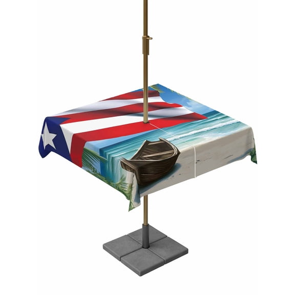 4th of July Outdoor Tablecloth with Umbrella Hole and Zipper Puerto Rico Flag Square Tablecloths 54x54 Inch Waterproof Coco Palm Tree Beach Patio Table Cover for Outdoor Tables BBQS Party Decor