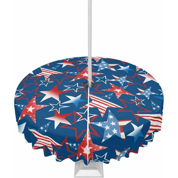 4th of July Outdoor Tablecloth with Umbrella Hole and Zipper Red Blue Star Patriotic Round Tablecloths 60 Inch Waterproof Table Cloths USA Flag Patio Table Cloth Cover for Independence Day Party