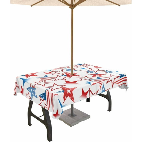 4th of July Outdoor Tablecloth with Umbrella Hole and Zipper Red White and Blue Star Patriotic Tablecloths 60x102 Waterproof Table Cloths USA Flag Patio Table Cloth Cover for Independence Day Party