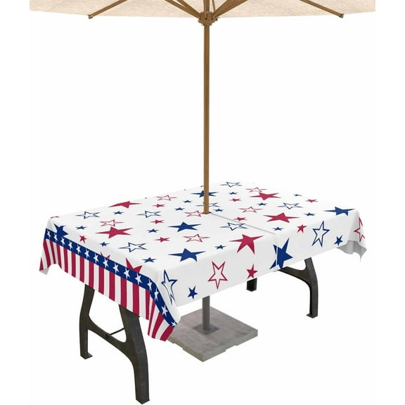 4th of July Outdoor Tablecloth with Umbrella Hole and Zipper Red White and Blue Stars Stripes Tablecloths 60x102 Waterproof Table Cloths Patriotic Patio Table Cloth Cover for Independence Day Party