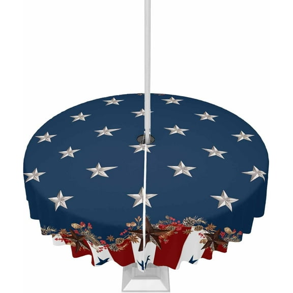 4th of July Outdoor Tablecloth with Umbrella Hole and Zipper Rustic Star Stripes Round Tablecloths 60 Inch Waterproof Table Cloths Red White and Blue Patio Table Cloth Cover for Independence Day Party