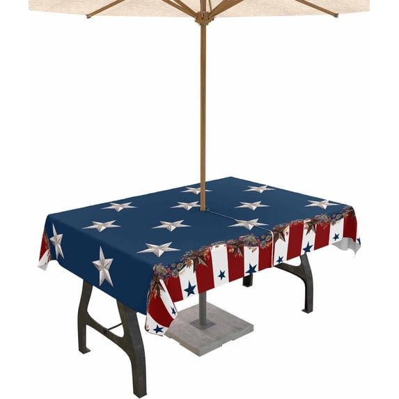 4th of July Outdoor Tablecloth with Umbrella Hole and Zipper Rustic Star Stripes Tablecloths 60x120 Waterproof Table Cloths Red White and Blue Patio Table Cloth Cover for Independence Day Party Picnic