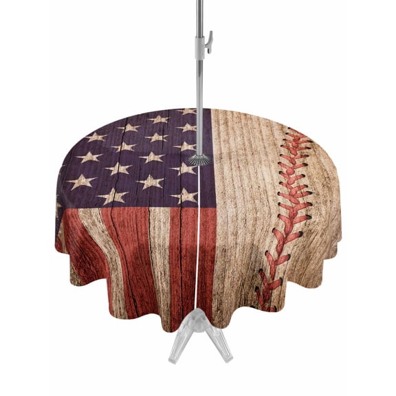 4th of July Outdoor Tablecloth with Umbrella Hole and Zipper USA Flag Baseball Round Tablecloths 60 Inch Waterproof Retro Stars Red White Blue Stripes Patio Table Cover for Outdoor Tables Party