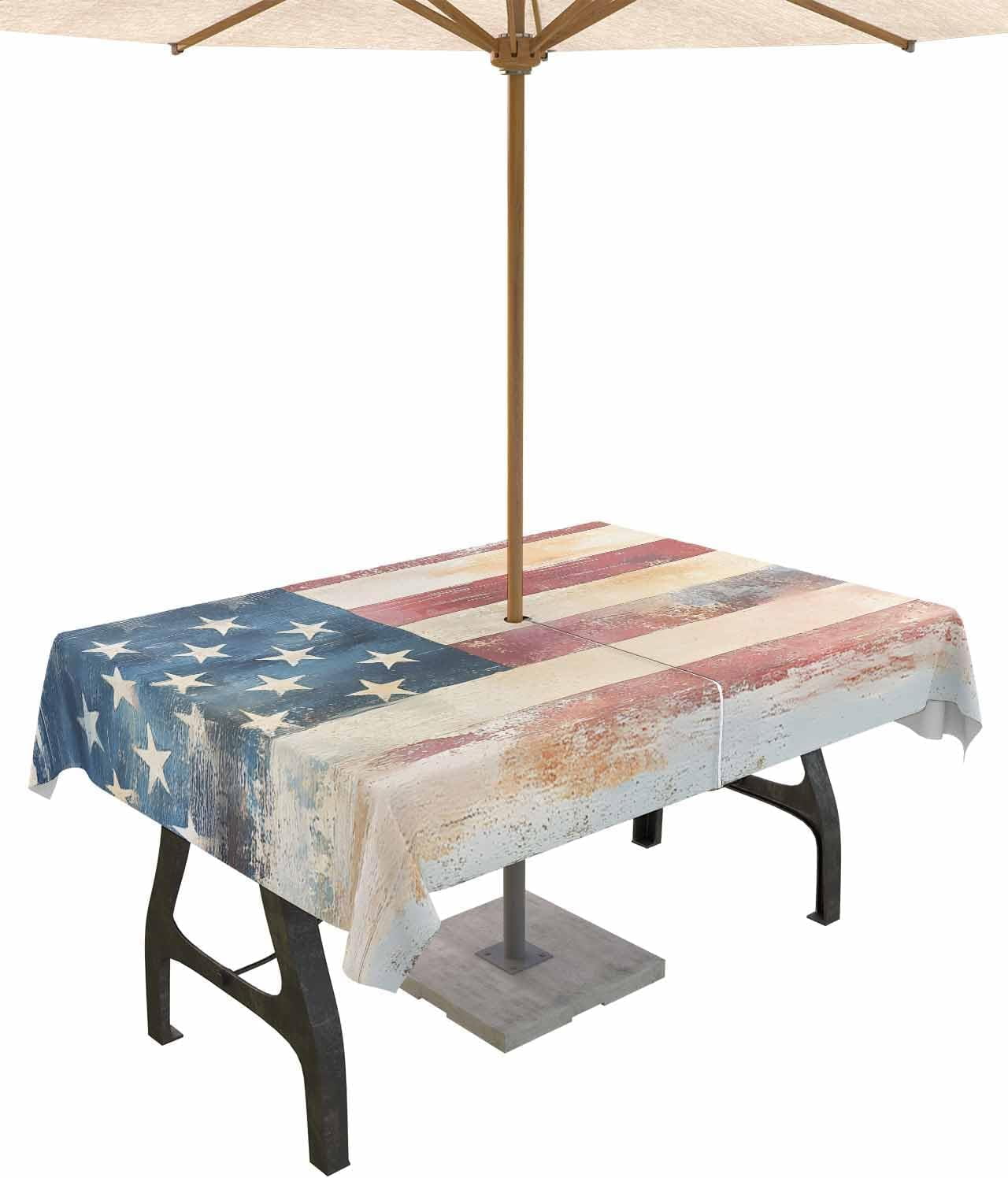 4th of July Outdoor Tablecloth with Umbrella Hole and Zipper USA Flag ...