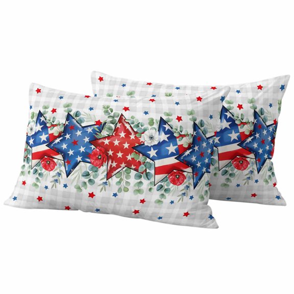 4th of July Outdoor Waterproof Pillow Covers, Blue Red Stars Independence Day Gray Plaid Decorative Rectangle Throw Pillowcase Sofa Cushion Sham for Patio/Couch/Chair, 20"x12" 2 Pack