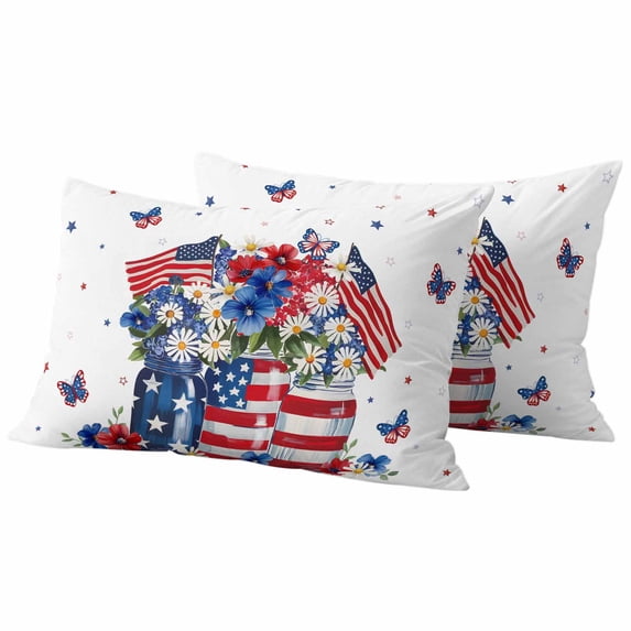 4th of July Outdoor Waterproof Pillow Covers, Independence Day Blue Red US Flag Spring Floral Decorative Rectangle Throw Pillowcase Sofa Cushion Sham for Patio/Couch/Chair, 20"x12" 2 Pack