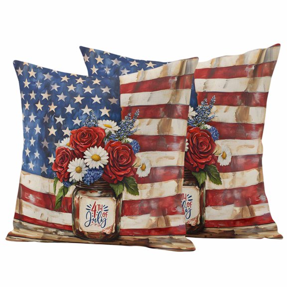 4th of July Outdoor Waterproof Pillow Covers, Independence Day Floral American Flag Decorative Square Throw Pillowcase Sofa Cushion Sham for Patio/Couch/Chair, 16"x16" 2 Pack