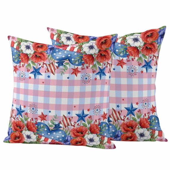 4th of July Outdoor Waterproof Pillow Covers, Independence Day Floral Checkered Stars Decorative Square Throw Pillowcase Sofa Cushion Sham for Patio/Couch/Chair, 24"x24" 2 Pack