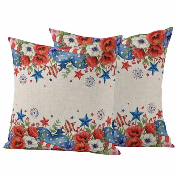 4th of July Outdoor Waterproof Pillow Covers, Red Blue Independence Day Floral Star Rustic Decorative Square Throw Pillowcase Sofa Cushion Sham for Patio/Couch/Chair, 24"x24" 2 Pack