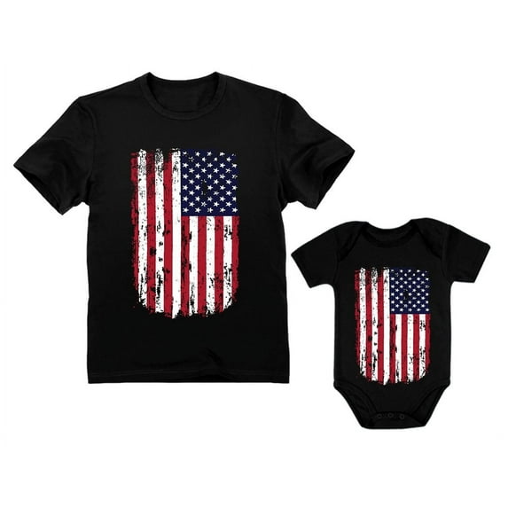 4th of July Outfit for Dad and Baby - Father & Child Patriotic Matching Set - Vintage USA Flag Shirts - Americana Clothing - Independence Day Celebration - Dad Black Medium / Baby Black 24M (18-24M)