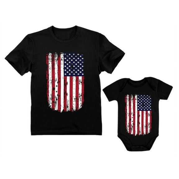 4th of July Outfit for Dad and Baby - Father & Child Patriotic Matching Set - Vintage USA Flag Shirts - Americana Clothing - Independence Day Celebration - Dad Black Medium / Baby Black 24M (18-24M)