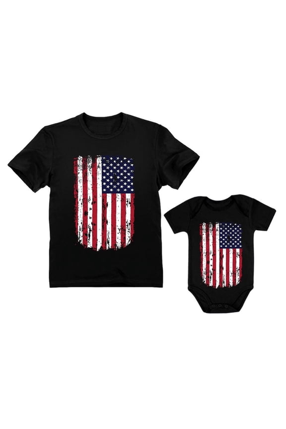 4th of July Outfit for Dad and Baby - Father & Child Patriotic Matching Set - Vintage USA Flag Shirts - Americana Clothing - Independence Day Celebration - Dad Black XX-Large / Baby Black 6M (3-6M)