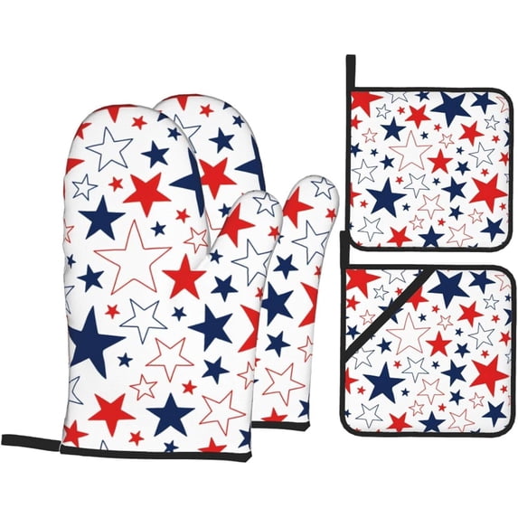4th of July Oven Mitts and Pot Holders 4 Pcs Sets for Kitchen, Cooking Gloves Heat Resistant Oven Mitt Gloves Non Slip Potholders for Baking, BBQ, Grilling