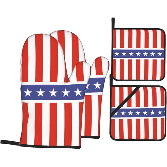 4th July Oven Mitts and Pot Holders 4 Pcs Sets for Kitchen, Cooking Gloves Heat Resistant Oven Mitt Gloves Non Slip Potholders for Baking, BBQ, Grilling
