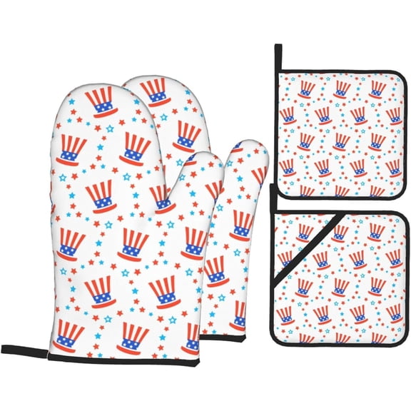 4th July Oven Mitts and Pot Holders Sets 4 pcs, Kitchen Oven Gloves Heat Resistant BBQ Gloves Non Slip for Cooking, Chef, Baking