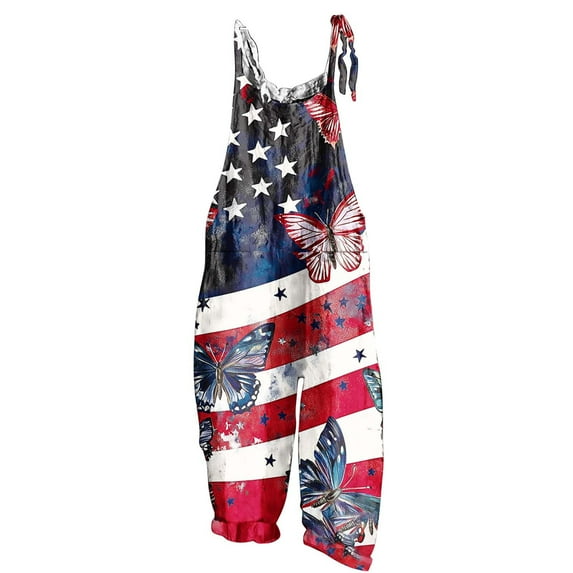 4th of July Overalls for Womens Fashion Vintage American Flag Romper Jumpsuit Baggy Sleeveless Adjustable Straps Jumpsuits Summer Cotton Linen One Piece Rompers Patriotic Beach Vacation Outfits