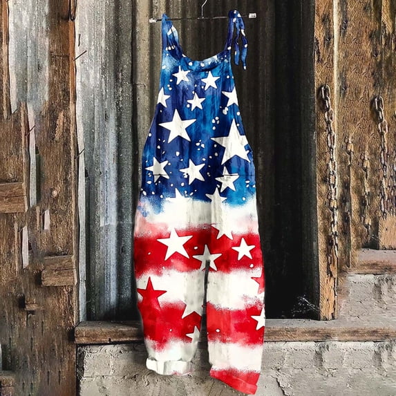 4th of July Overalls Womens Overalls Loose Fit Overalls for Women Jumpsuits for Women Printed Summer Sleeveless Backless Loose Long Playsuits Rompers Jumpsuit