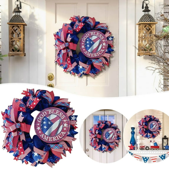 4th of July PALIFEUR Wreath, 15.75 Inch Patriotic Wreaths for Front Door, Artificial Floral Spring Wreaths Decorations for Memorial Day Independence Day Veterans Day, Red Blue White