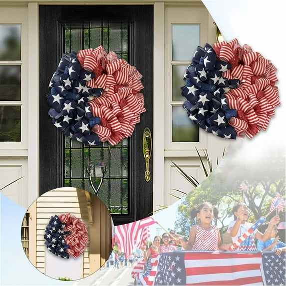 4th of July PALIFEUR Wreath for Front Door, 11.81 Inch Patriotic Wreaths, Artificial Floral Spring Wreaths Decorations for Memorial Day Independence Day Veterans Day, Red Blue White