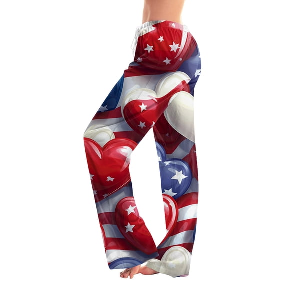 4th Of July Pants for Women 1776-2026 American Flag Print Wide Leg Pajama Bottoms Elastic High Waist Regular Fit Daily Wear Comfy Trousers, #01 Hot Pink, L