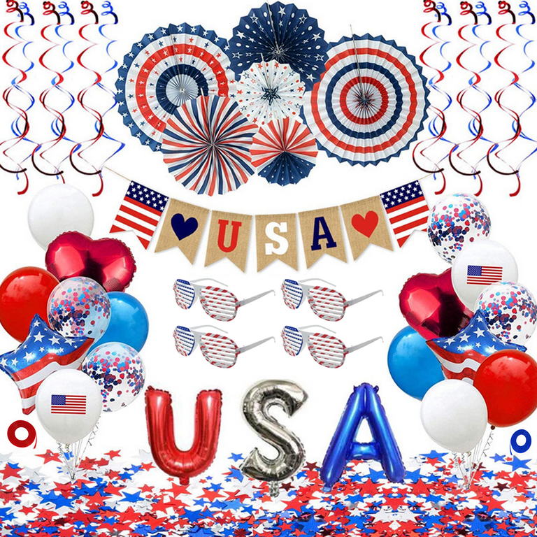 4th of July Party Decorations, Patriotic Party Decoration for Independence  Day Party Supplies with USA Red White Blue Balloons, String Flag, Paper  Fans, Star Tassels, Hanging Swirls, Glasses, 50pcs 