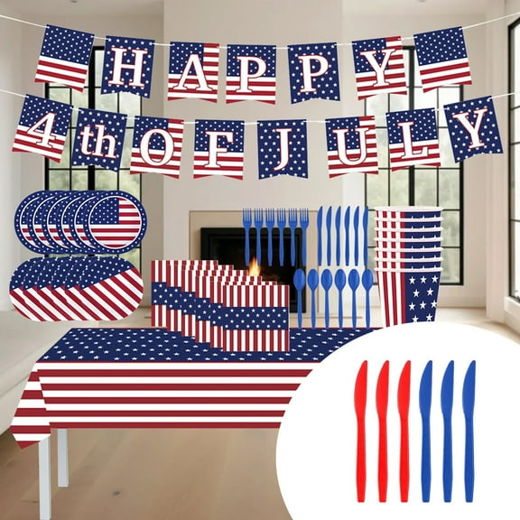 4th of July Party Supplies American Flag Patriotic Memorial Day Party Decorations for Outside Picnic, Includes Plates, Napkins, Cups, Forks, Spoons, Knives, Banner, Tablecloth - Serves 24