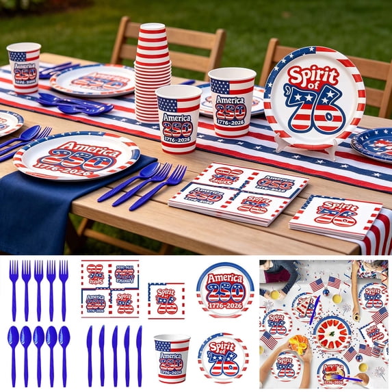 4th of July Party Supplies Set 250th Anniversary Patriotic Party Supplies Plates, Napkins, Table Runner, and Cups with USA Flags Memorial Day Party Decor A