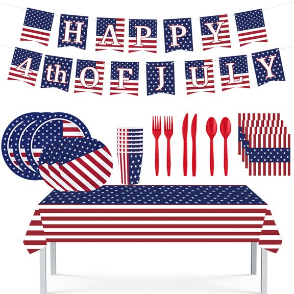 4th of July Party Supplies Set, Patriotic Theme Kit for Independence Day Decorations, Includes Plates, Napkins, Cups, Banner, Tablecloth -Patriotic & 4th of July Party Decorations