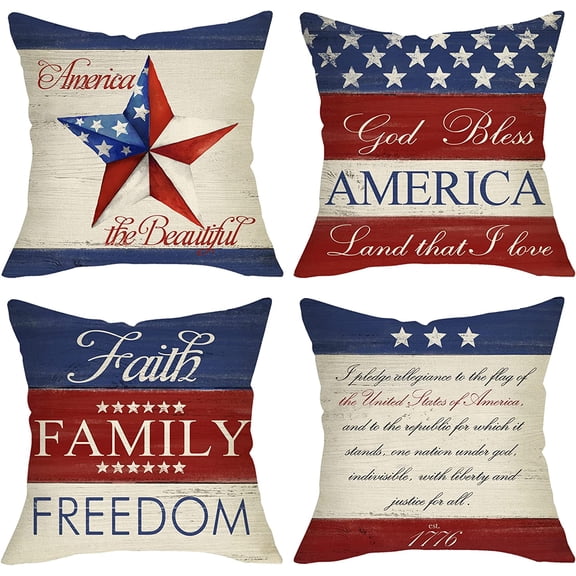 4th of July Patriotic American Decorative Throw Pillow Cover 18x18 Set of 4, God Bless America Est.1776 Stars Stripes Cushion Case, Faith Allegiance Family Freedom Home Sofa Couch Decor