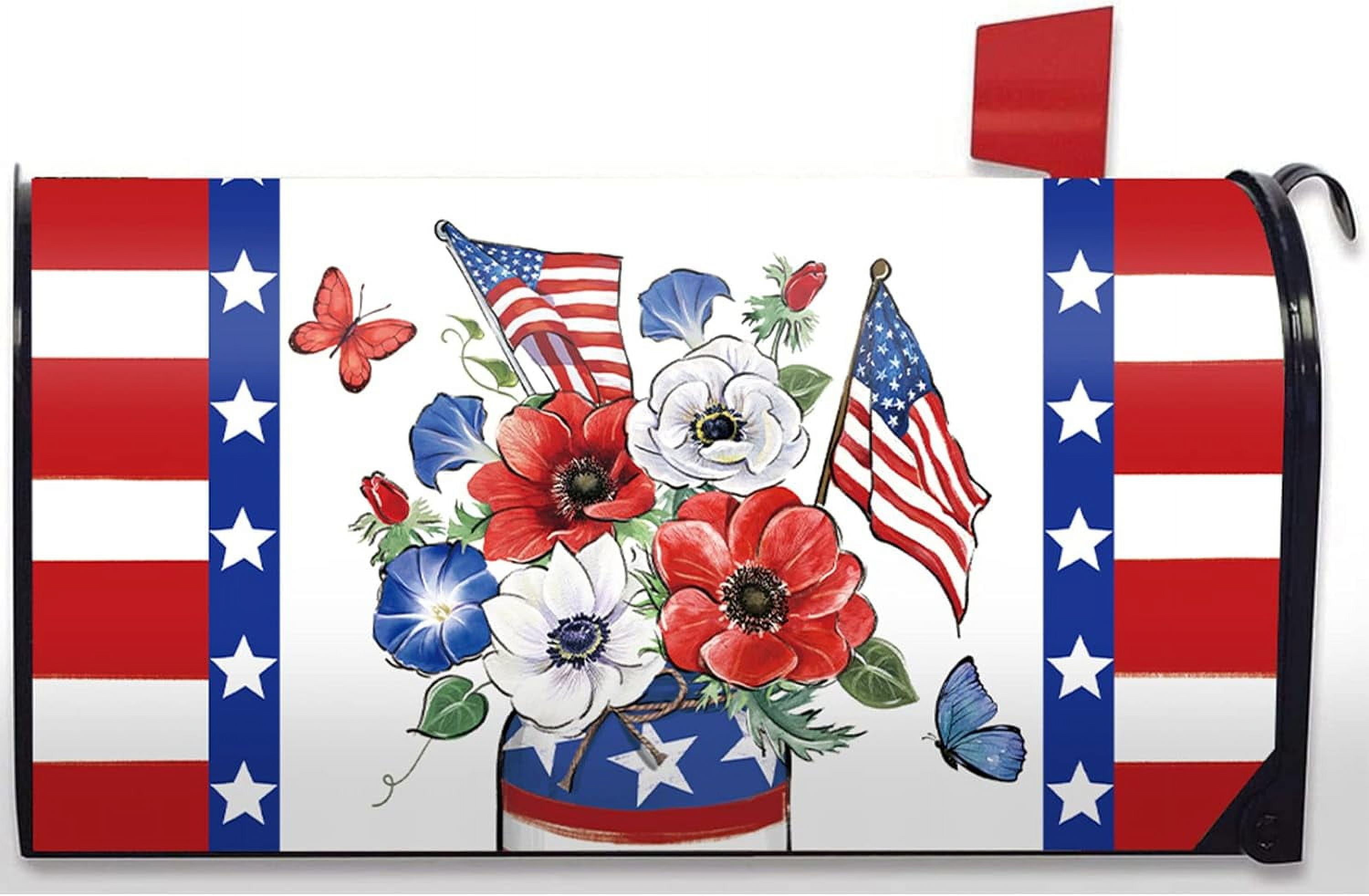 4th of July Patriotic Anemone Flower Mailbox Cover Magnetic Standard Size 21" x 19", America USA Red White Blue Floral Post Letter Box Wrap Decor American Flag Garden Yard Outdoor Decoration