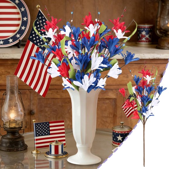 4th of July Patriotic Artificial Bouquet, Independence Day Simulation Flower Decor, Tabletop Staircase Arrangement for Wedding Party Home Decor and Photography Shooting Props