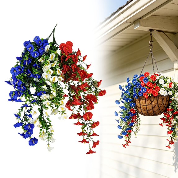4th of July Patriotic Artificial Hanging Flowers Morning Glory Red White Blue Faux Flower Vine for 4th of July Decor Patriotic Flowers Artificial UV Resistant Faux Flower Arrangement for Porch,Yard