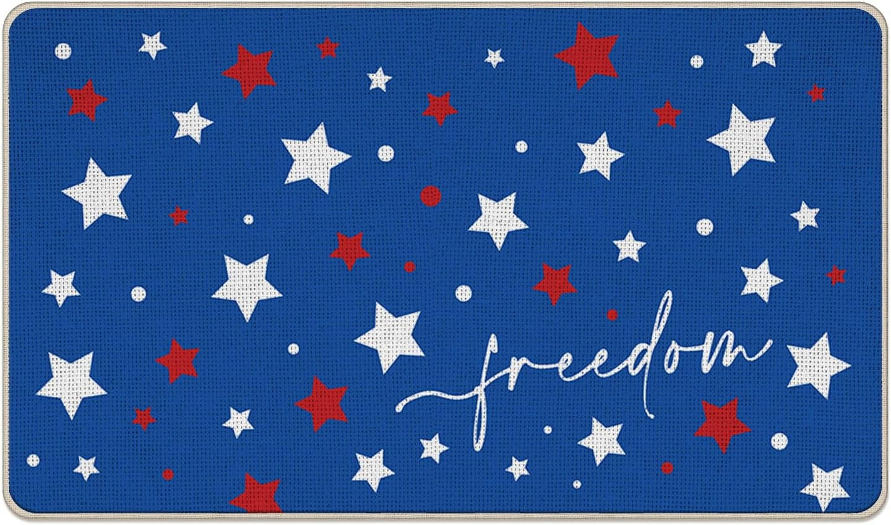 4th of July Patriotic Blue Decorative Front Door Mat, America USA Freedom Stars Doormat Indoor Outdoor Non-Slip Floor Entryway Rug, American Polka Dot Home Kitchen Decoration 17x29 Inch